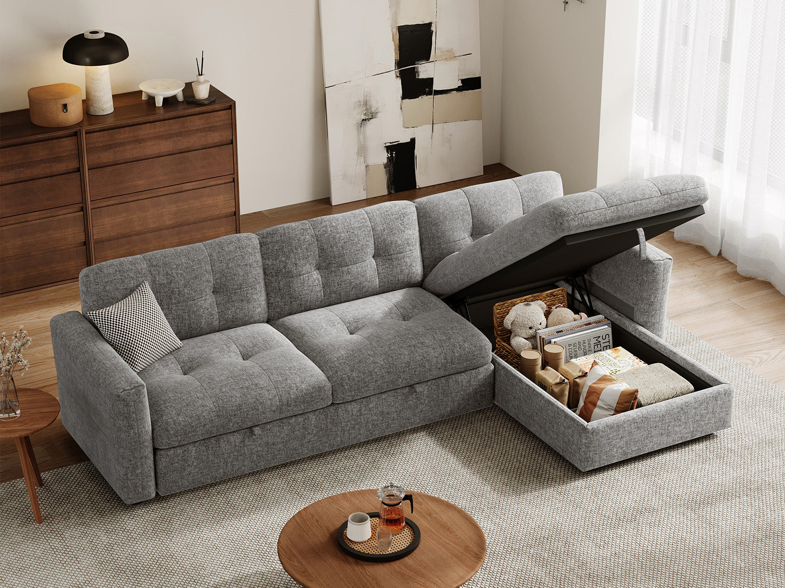 Pop-Seat Sectional Sofa with 2 Seats and Chaise Lounge