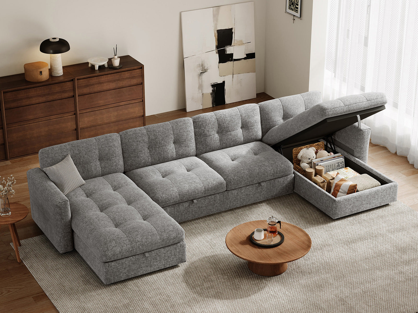 Pop-Seat Sectional Sofa with 2 Seats and 2 Chaise Lounges