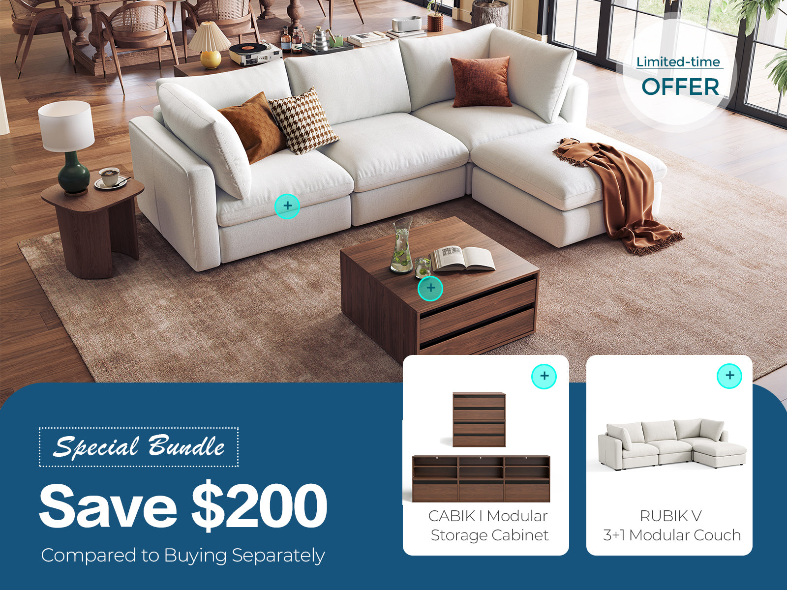 RUBIK V 3 Seats with Ottoman & CABIK I Modular Storage Cabinet