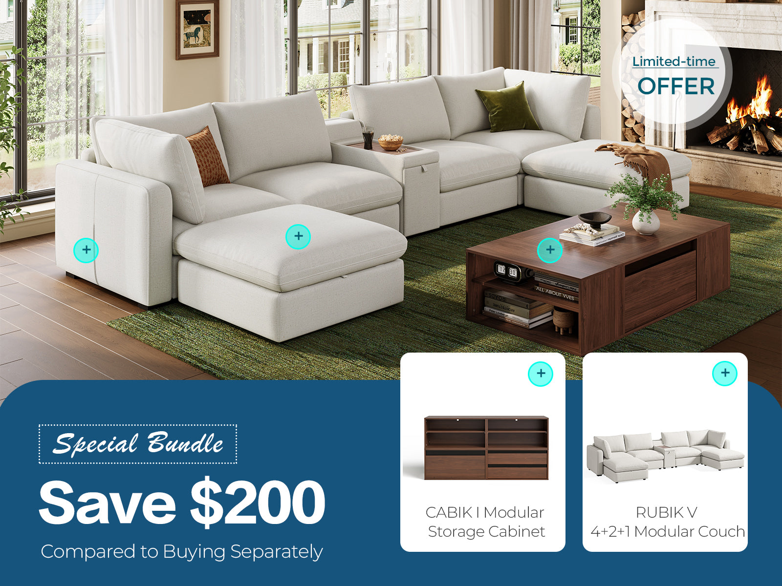 RUBIK V 4 Seats with 2 Ottomans & Console & CABIK I Modular Storage Cabinet