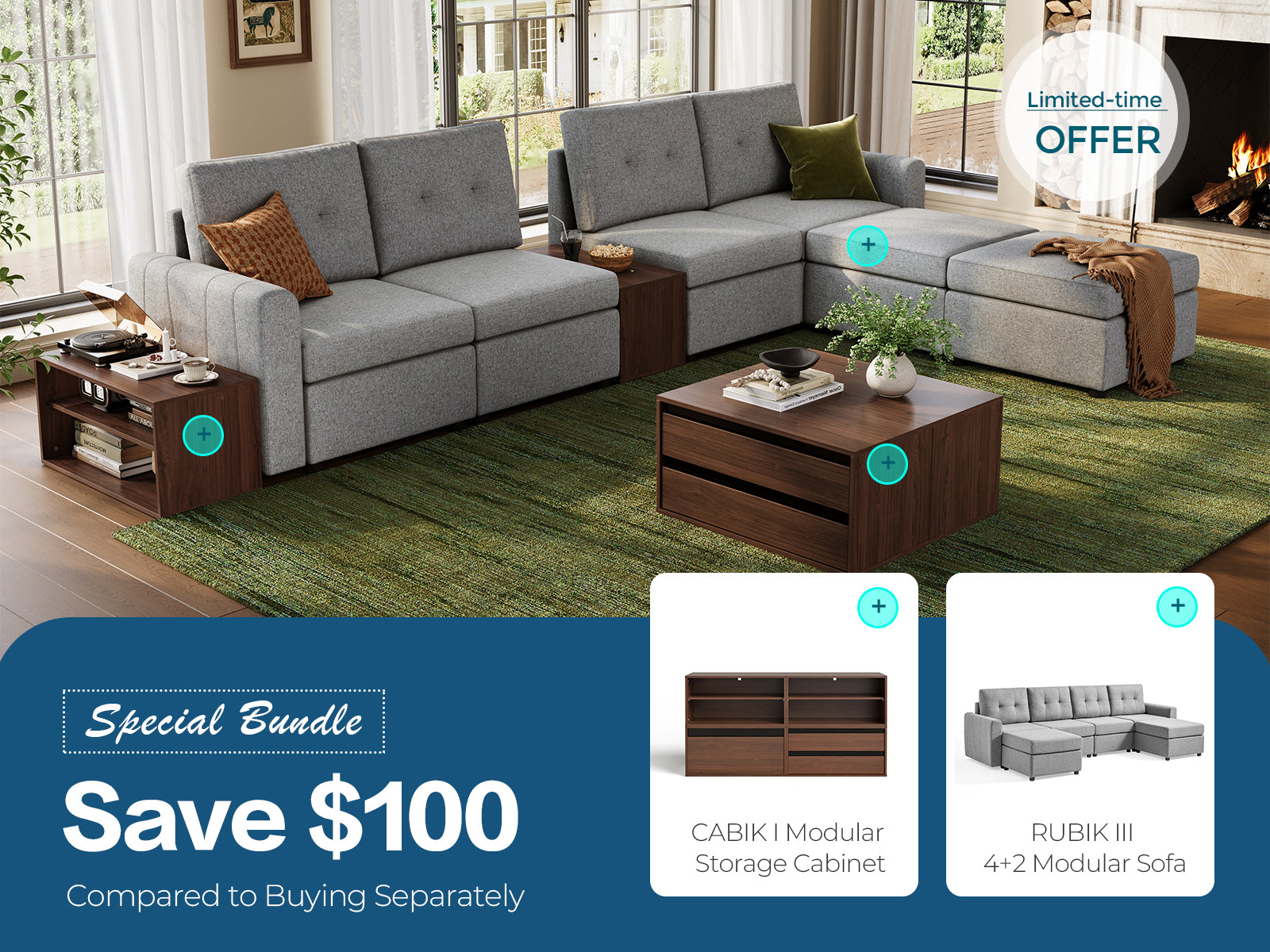 RUBIK III 4 Seats with 2 Ottomans & CABIK I Modular Storage Cabinet