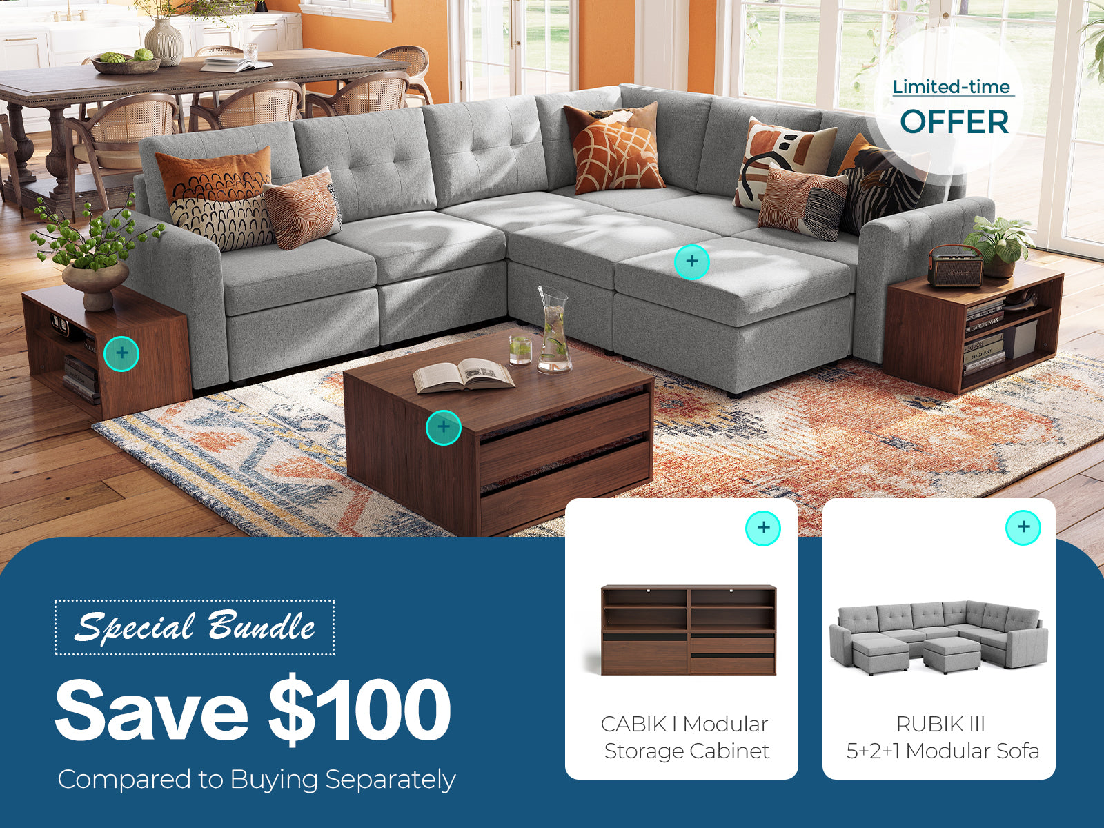 RUBIK III 5 Seats with Corner & 2 Ottomans & CABIK I Modular Storage Cabinet