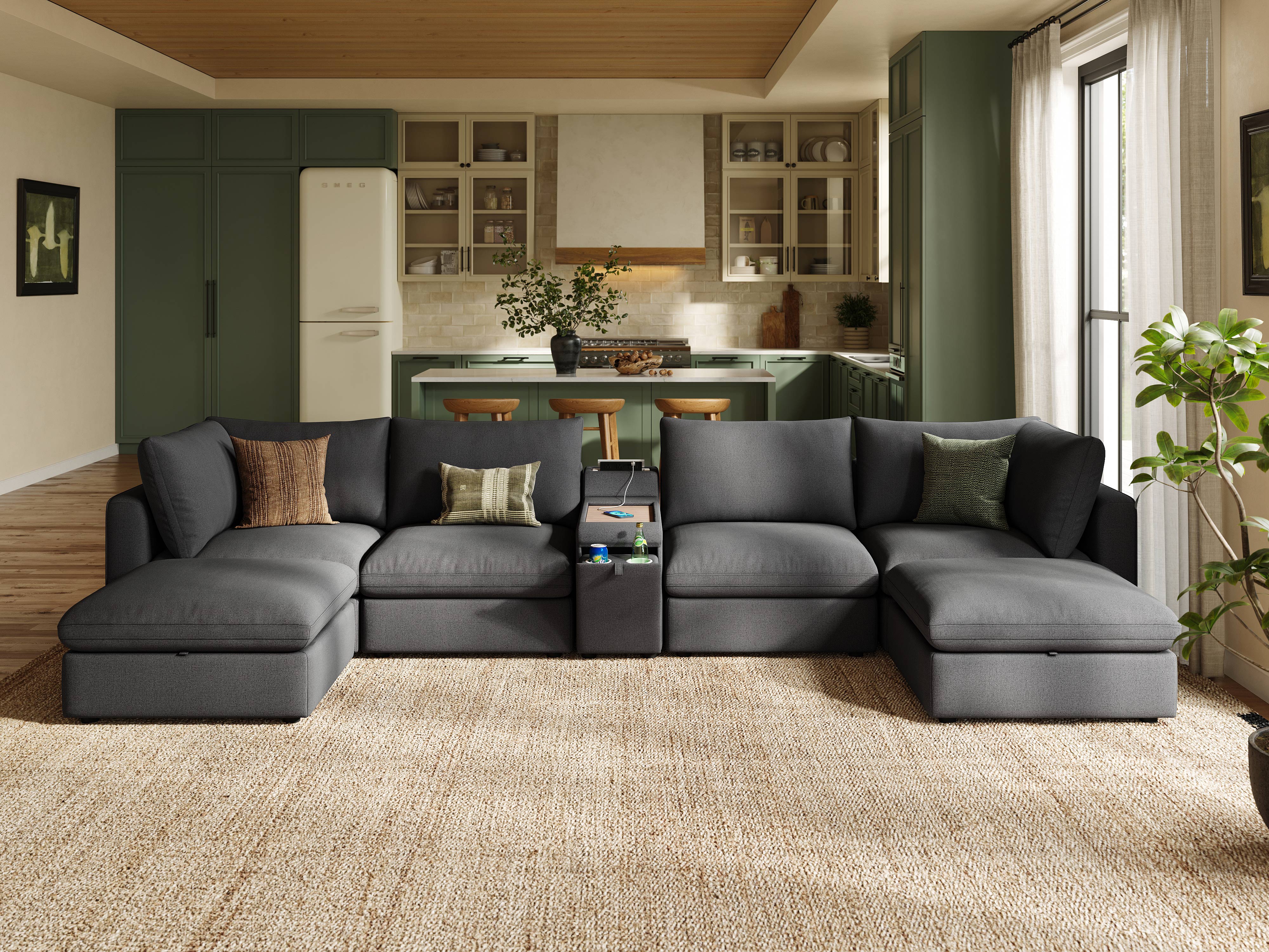 RUBIK V 4 Seats with 2 Ottomans & Console & CABIK I Modular Storage Cabinet