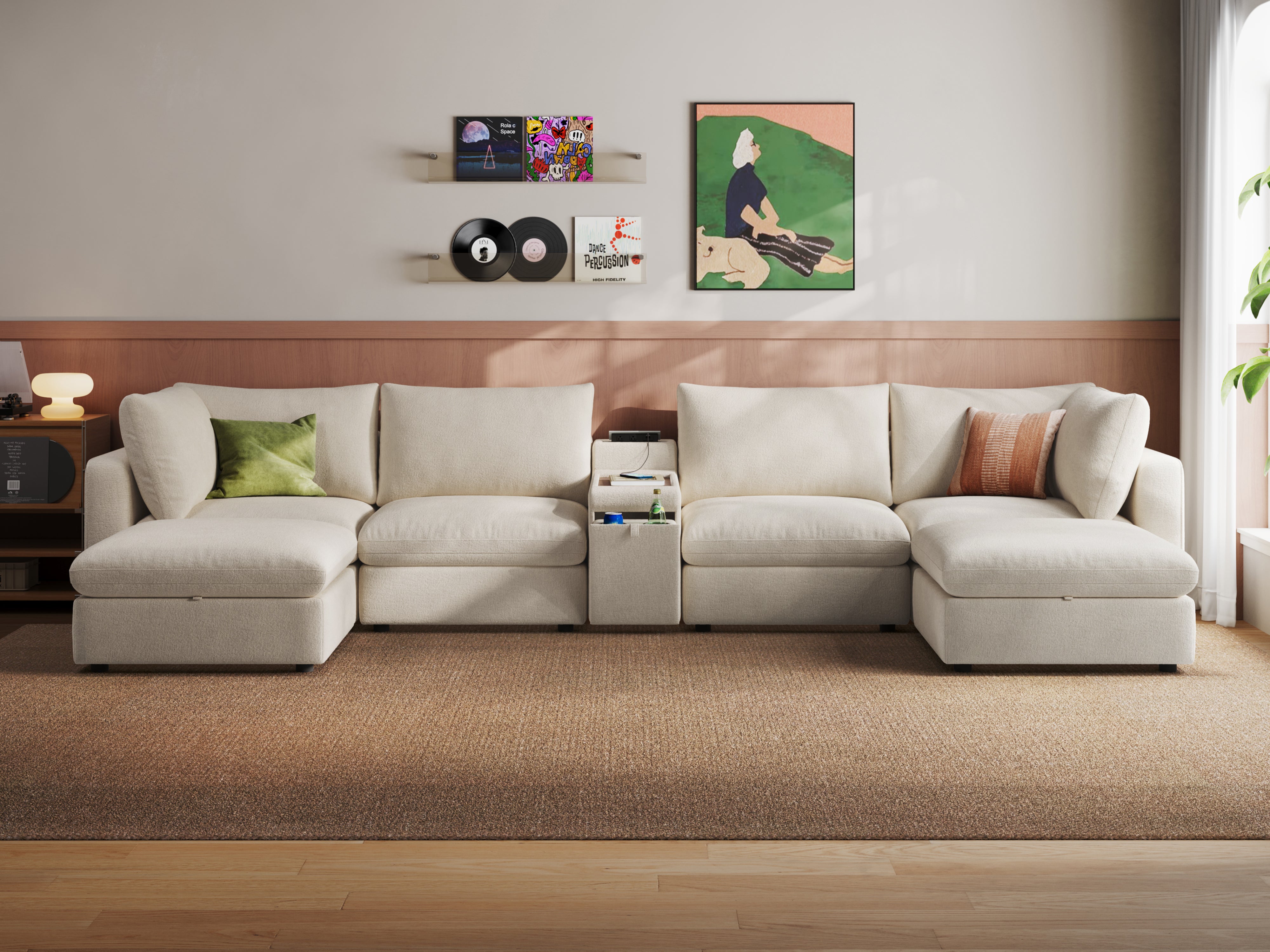 RUBIK V 4 Seats with 2 Ottomans & Console & CABIK I Modular Storage Cabinet