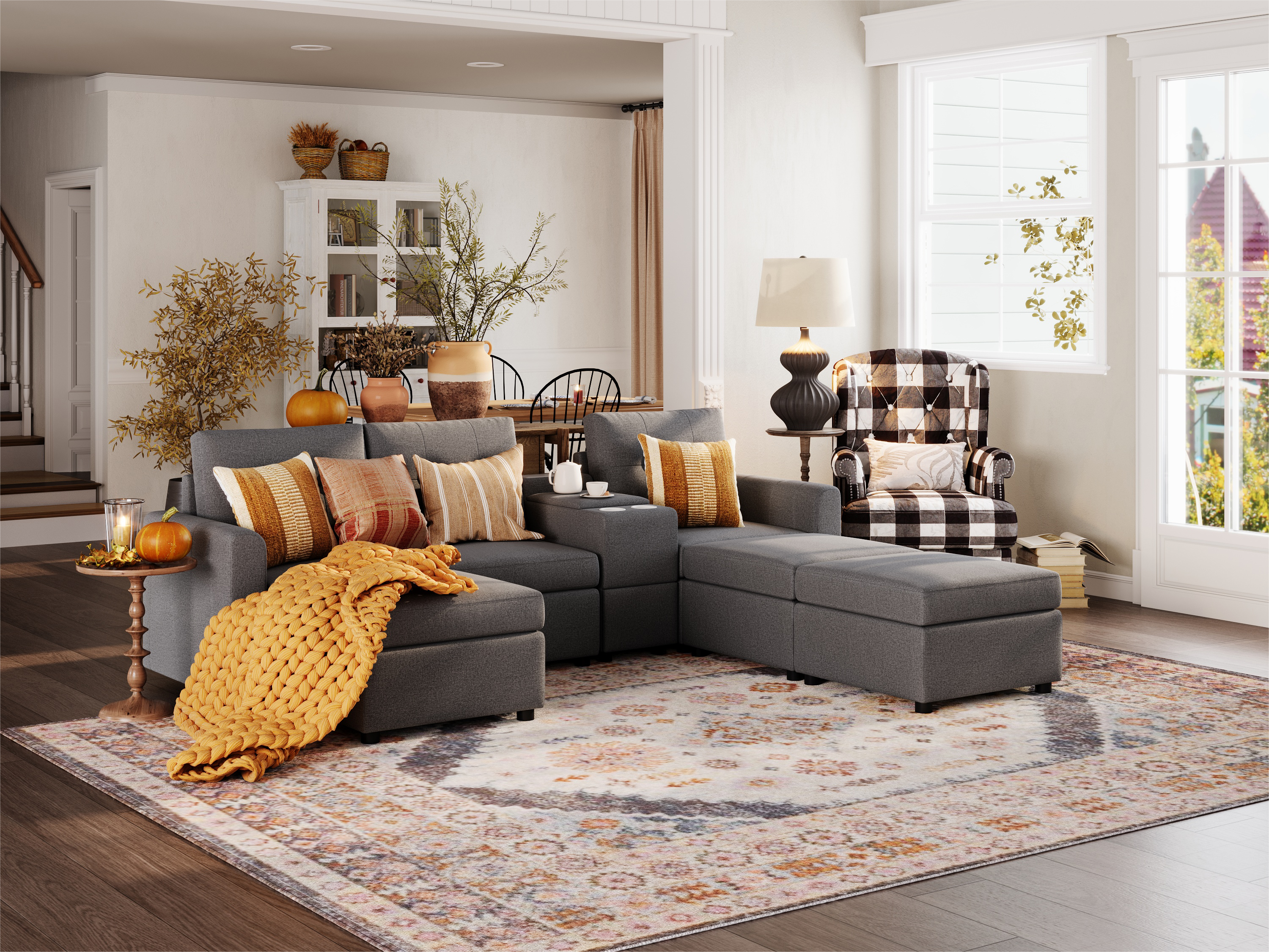 RUBIK III 3 Seats with 3 Ottomans & Console - LINSY HOME