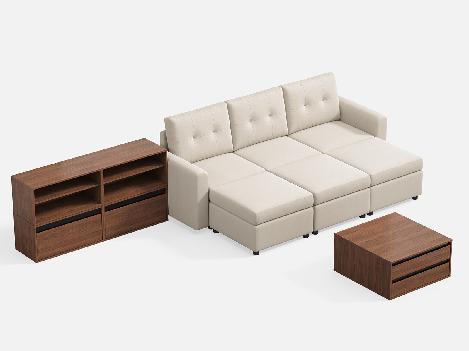 RUBIK III 3 Seats with 3 Ottomans & CABIK I Modular Storage Cabinet