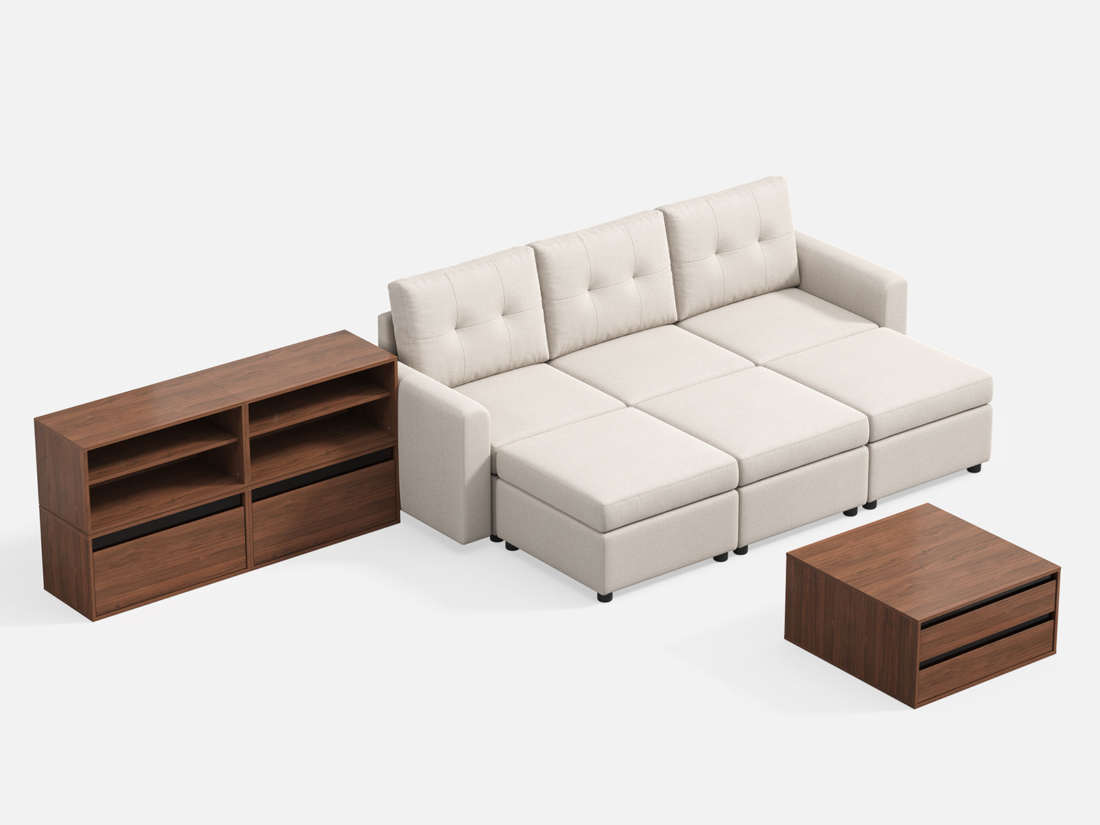 RUBIK III 3 Seats with 3 Ottomans & CABIK I Modular Storage Cabinet
