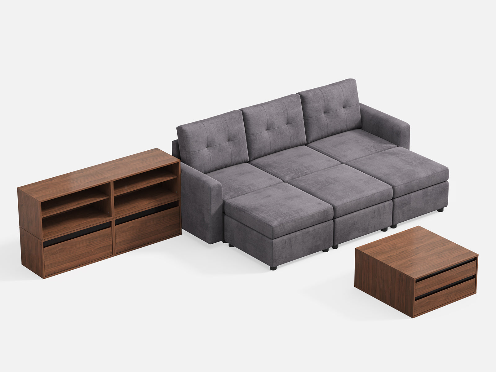 RUBIK III 3 Seats with 3 Ottomans & CABIK I Modular Storage Cabinet