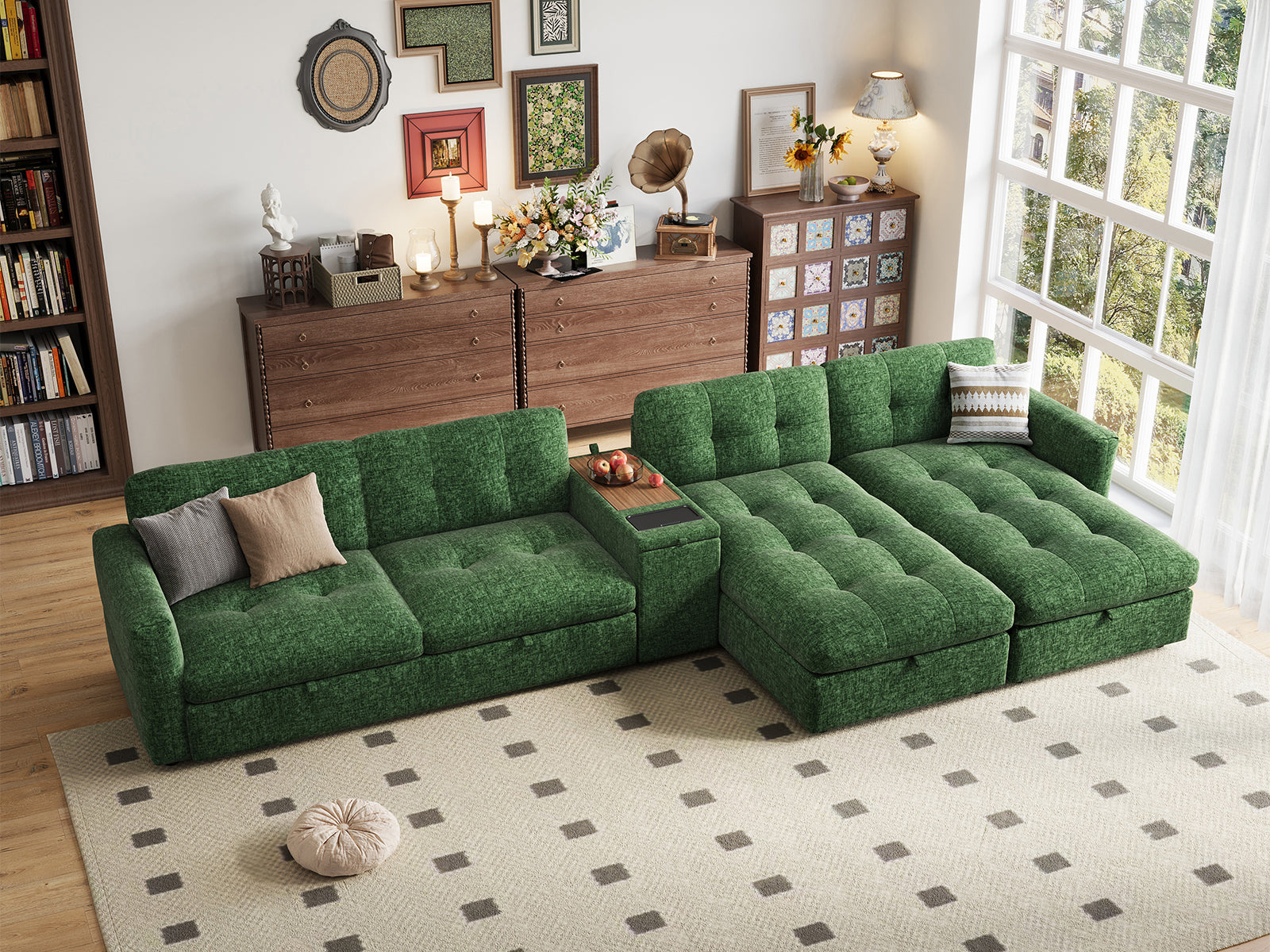 Pop-Seat Sectional Sofa with 2 Seats, 2 Chaise Lounges & Console