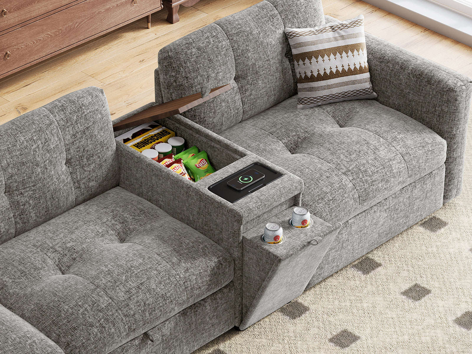 Pop-Seat Sectional Sofa with 2 Seats, 2 Chaise Lounges & Console