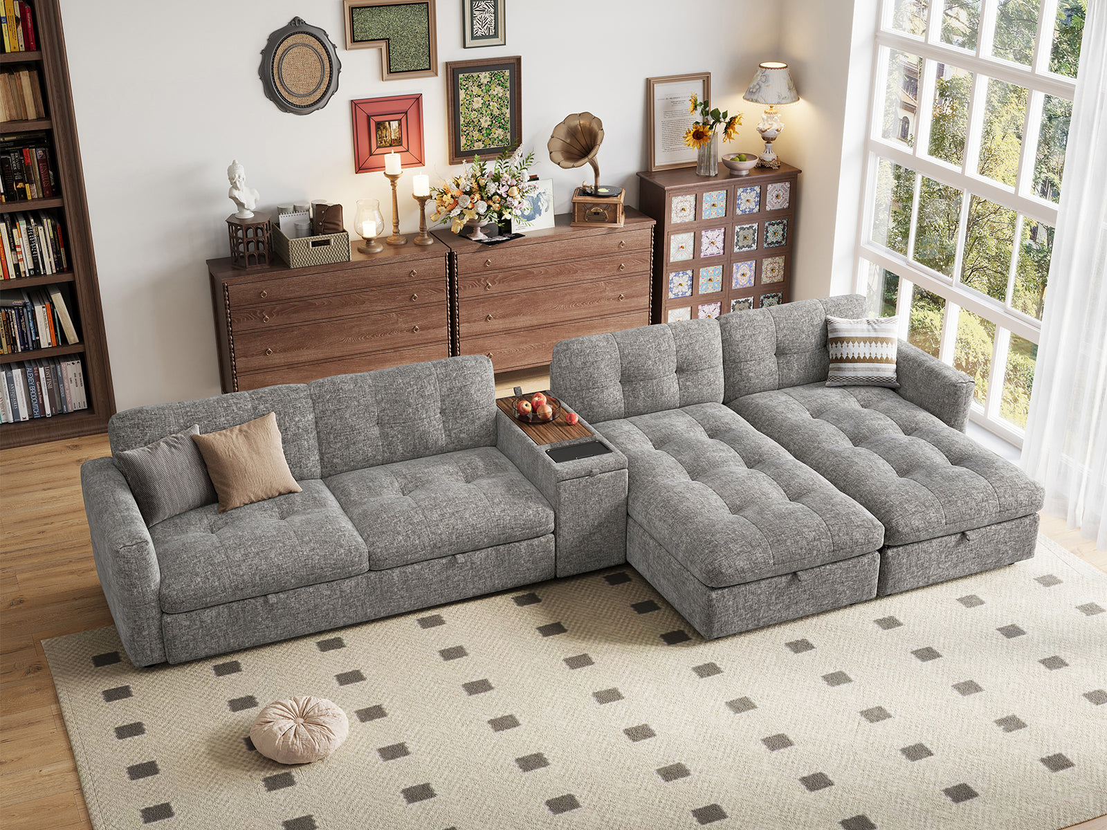 Pop-Seat Sectional Sofa with 2 Seats, 2 Chaise Lounges & Console