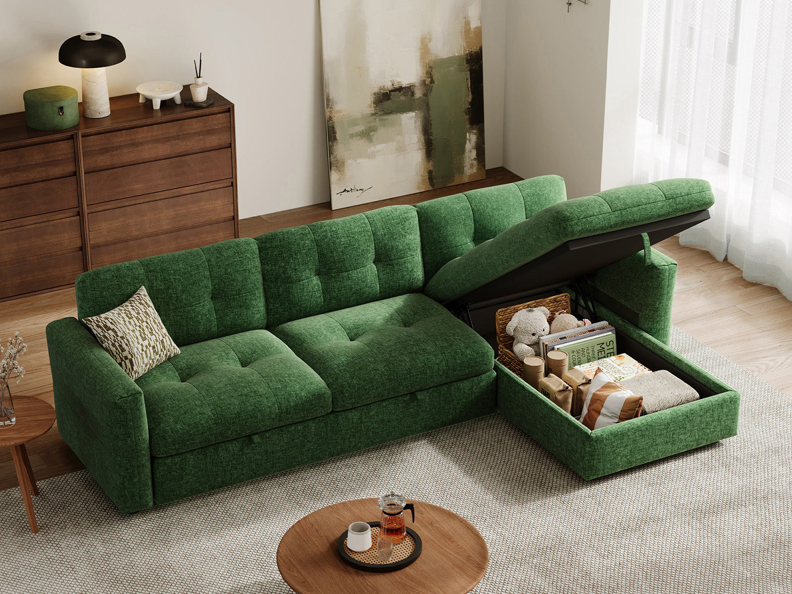 Pop-Seat Sectional Sofa with 2 Seats and Chaise Lounge