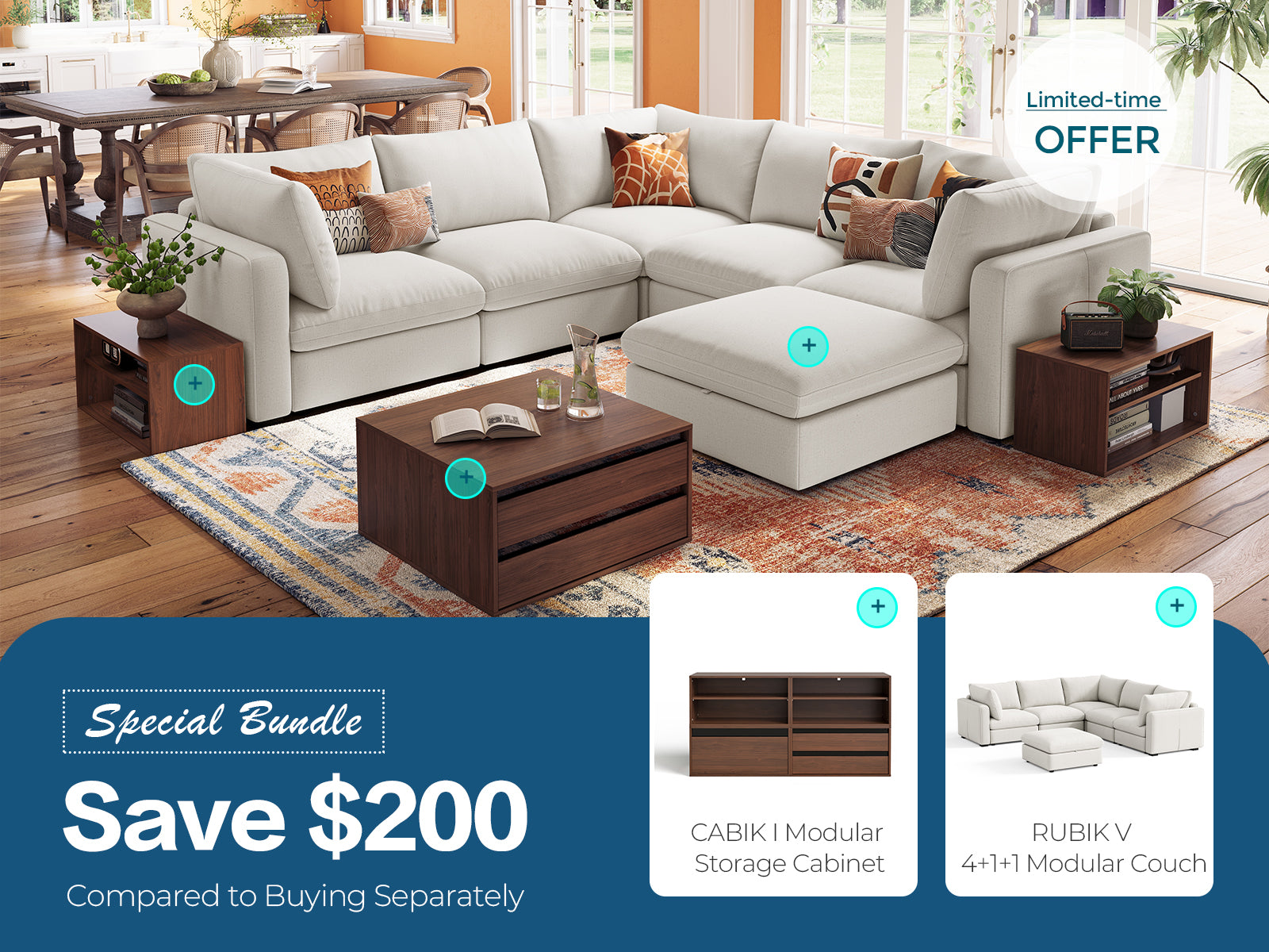 RUBIK V 4 Seats with Corner & Ottoman & CABIK I Modular Storage Cabinet