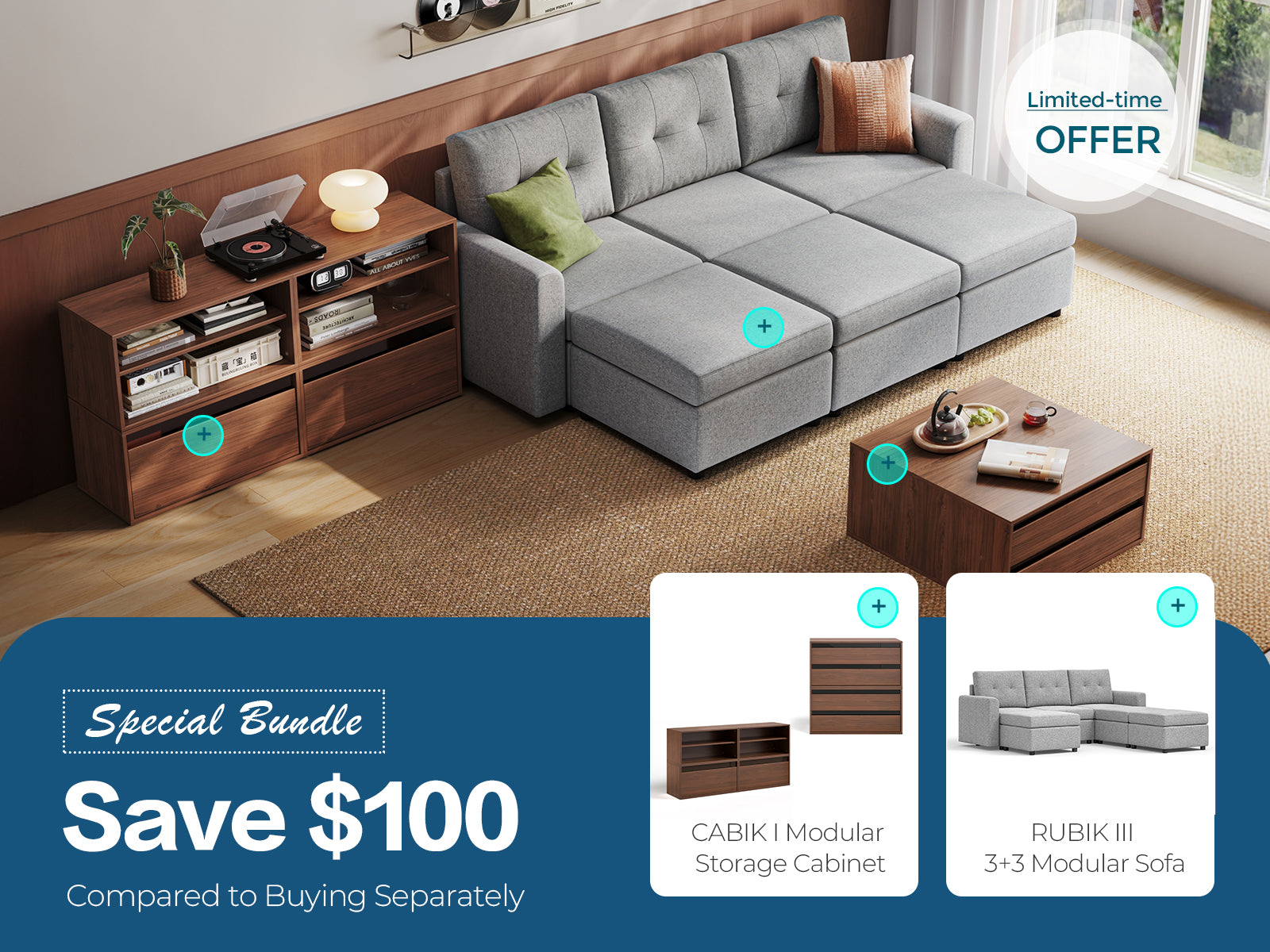 RUBIK III 3 Seats with 3 Ottomans & CABIK I Modular Storage Cabinet