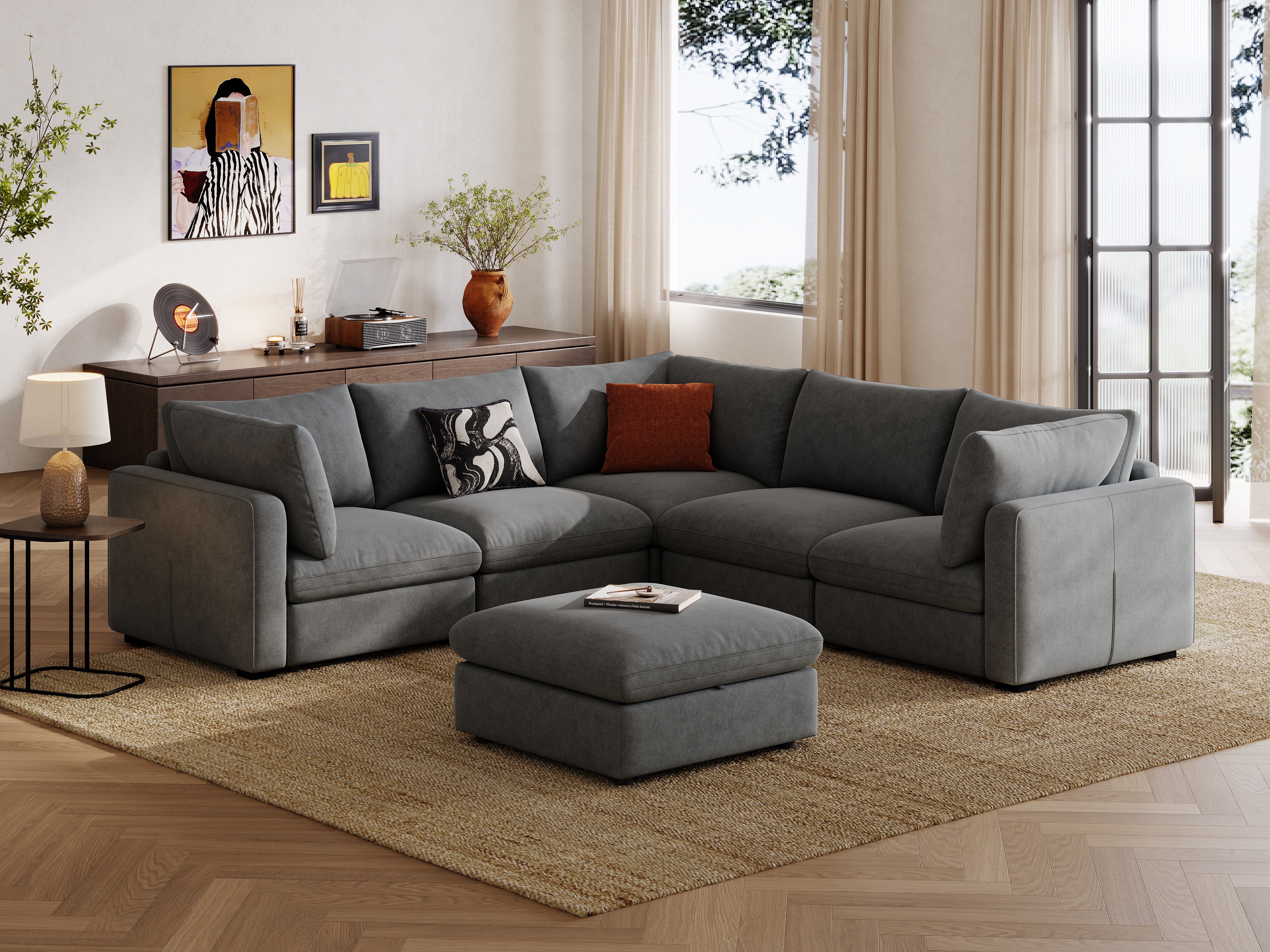 RUBIK V 4 Seats with Corner & Ottoman & CABIK I Modular Storage Cabinet