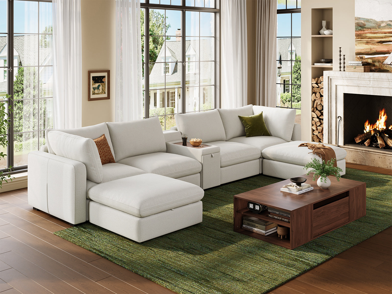 RUBIK V 4 Seats with 2 Ottomans & Console & CABIK I Modular Storage Cabinet