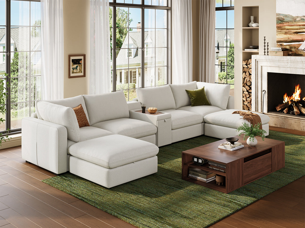 RUBIK V 4 Seats with 2 Ottomans & Console & CABIK I Modular Storage Cabinet