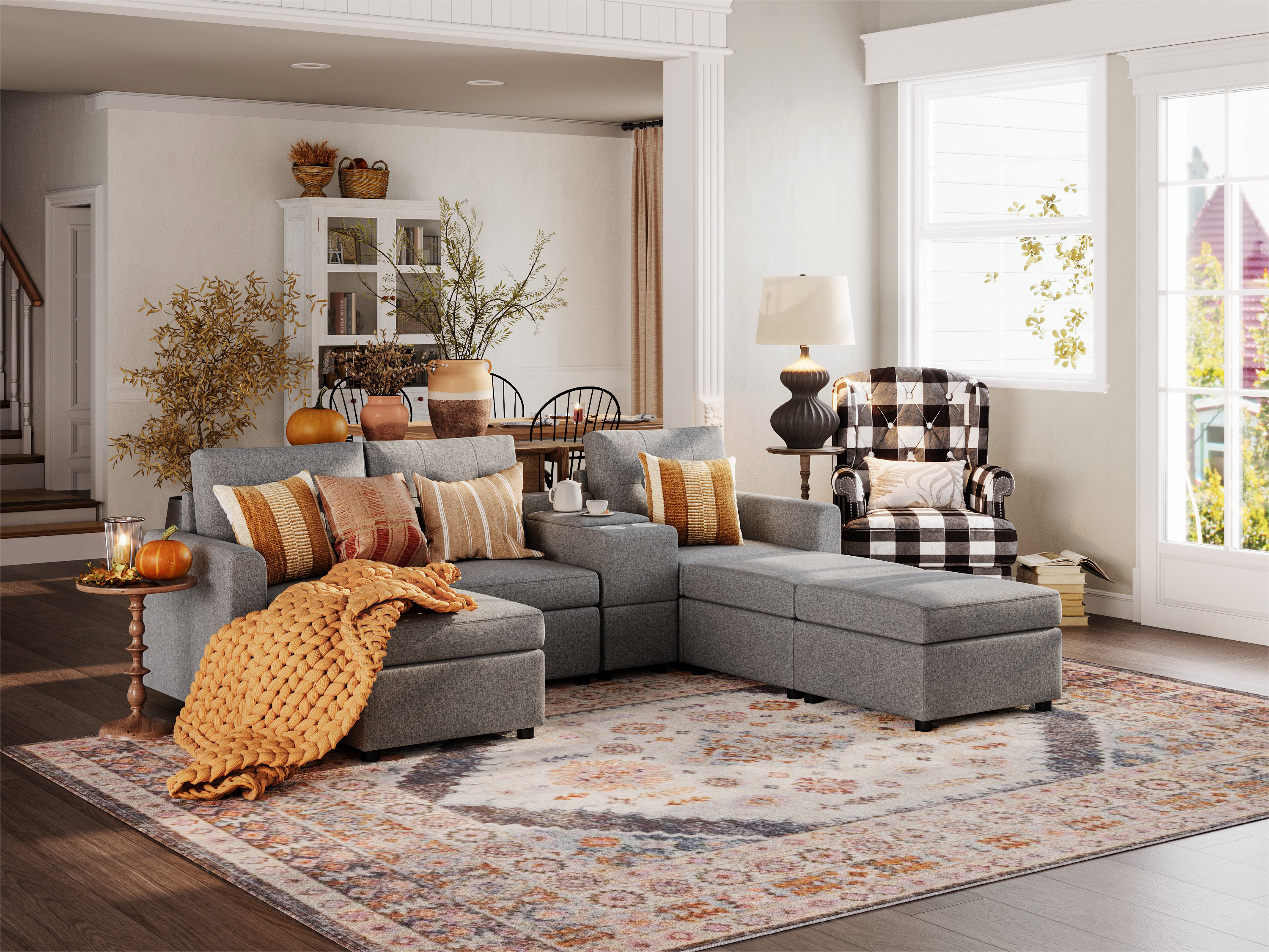 RUBIK III 3 Seats with 3 Ottomans & Console - LINSY HOME