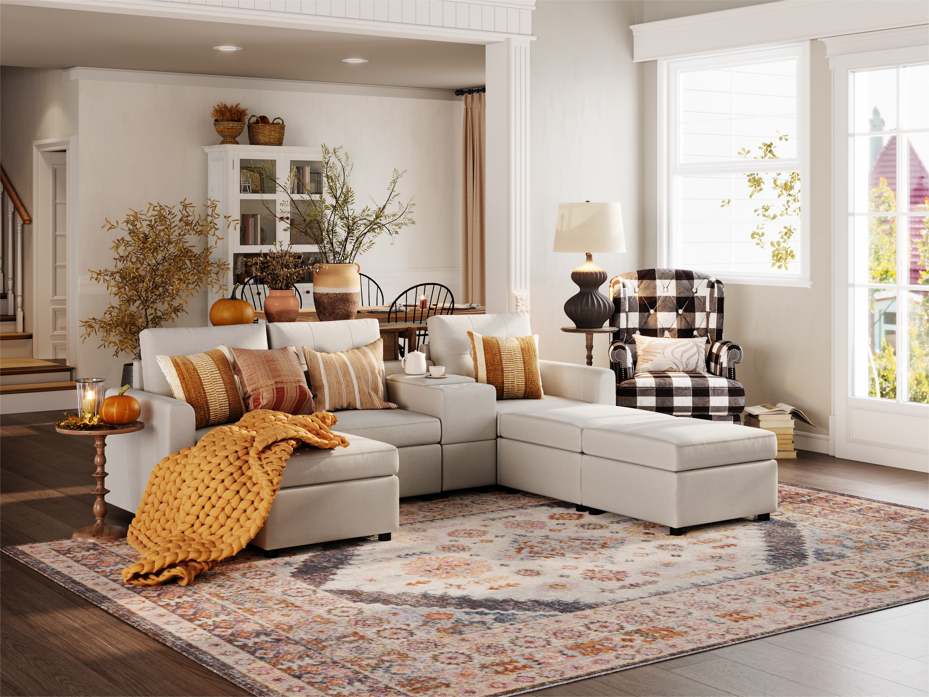 RUBIK III 3 Seats with 3 Ottomans & Console - LINSY HOME