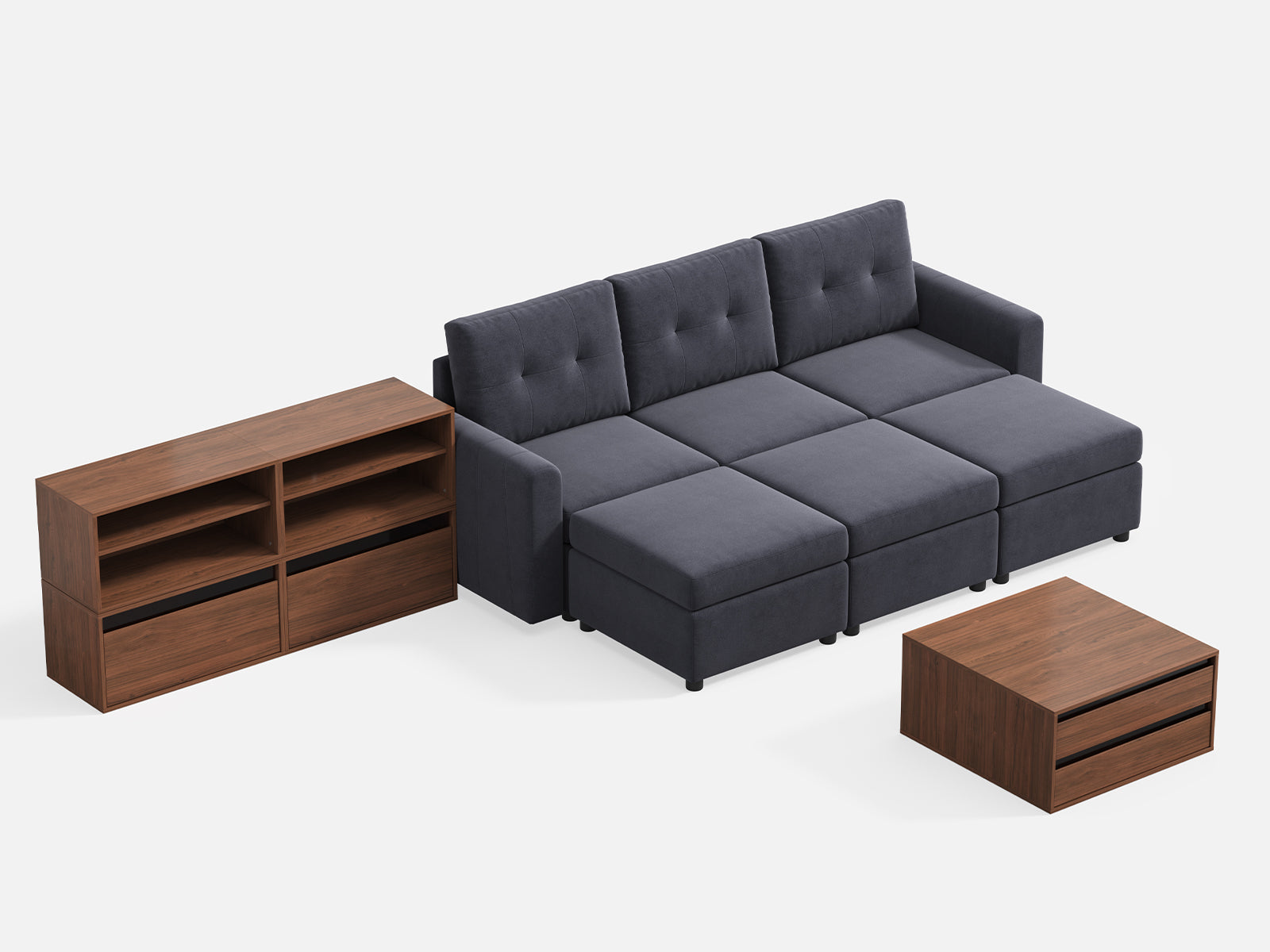 RUBIK III 3 Seats with 3 Ottomans & CABIK I Modular Storage Cabinet