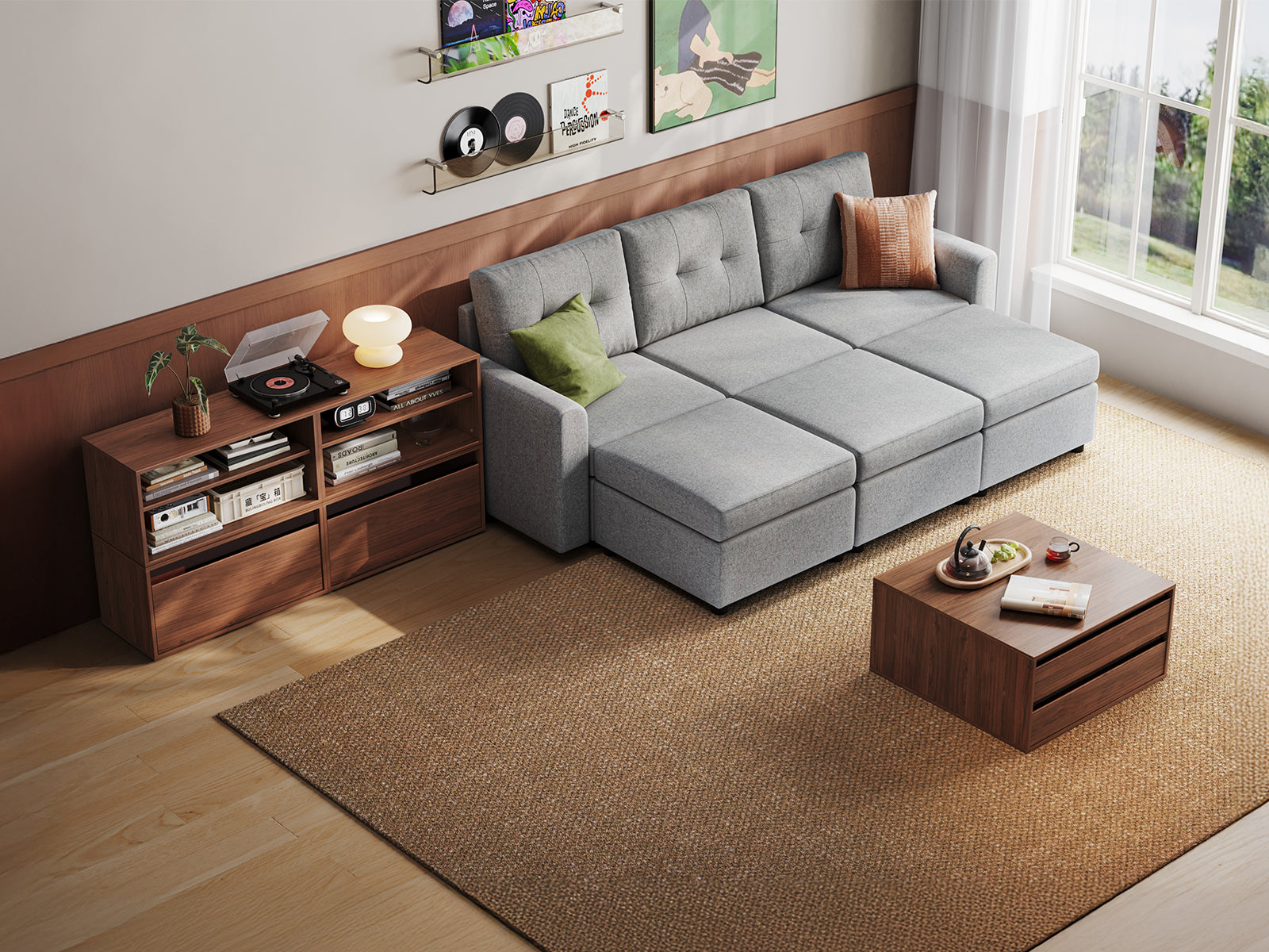 RUBIK III 3 Seats with 3 Ottomans & CABIK I Modular Storage Cabinet