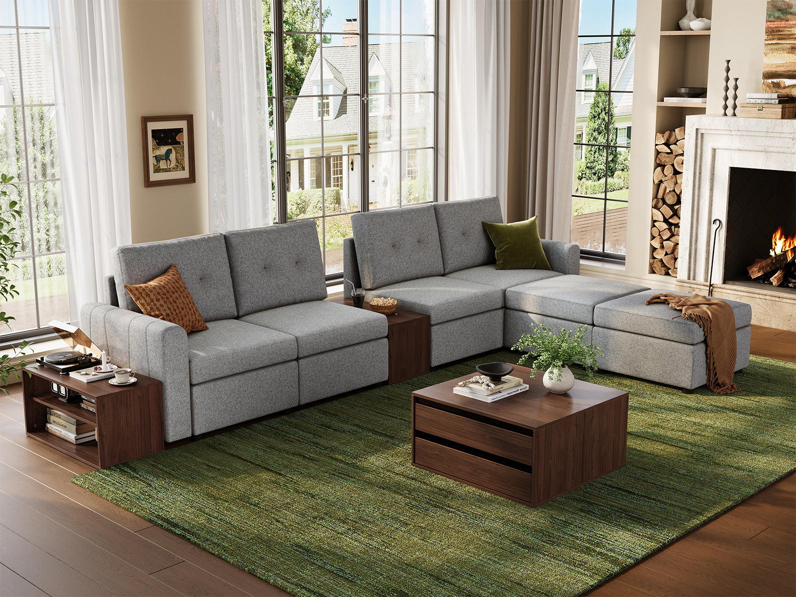 RUBIK III 4 Seats with 2 Ottomans & CABIK I Modular Storage Cabinet