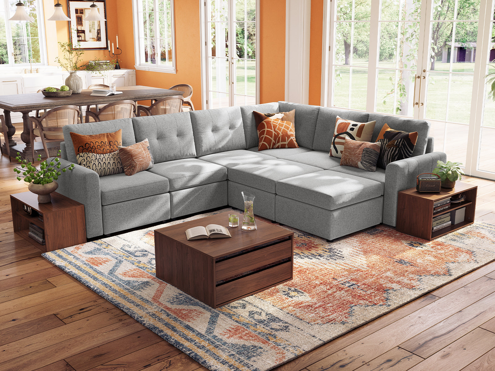 RUBIK III 5 Seats with Corner & 2 Ottomans & CABIK I Modular Storage Cabinet