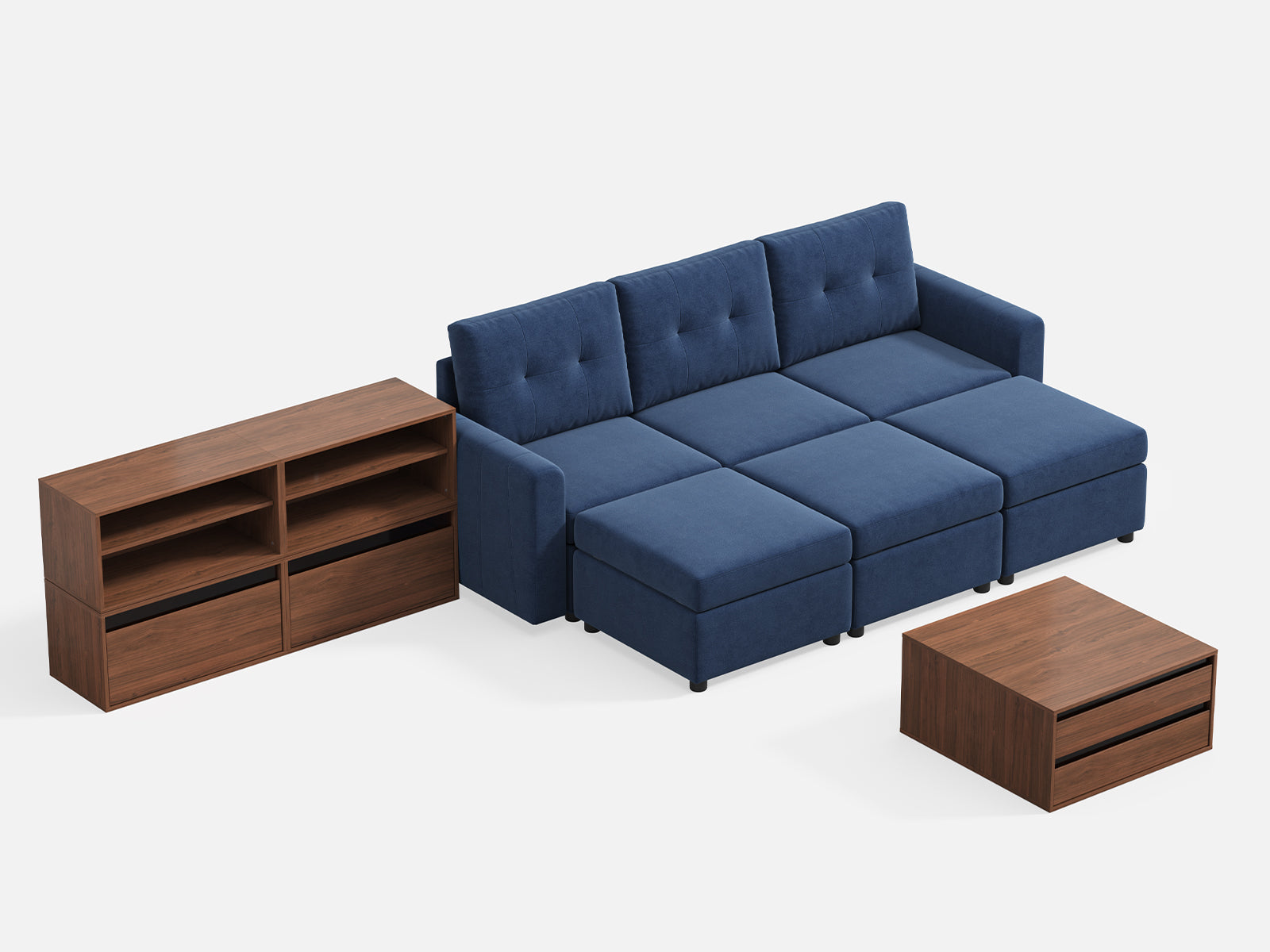 RUBIK III 3 Seats with 3 Ottomans & CABIK I Modular Storage Cabinet